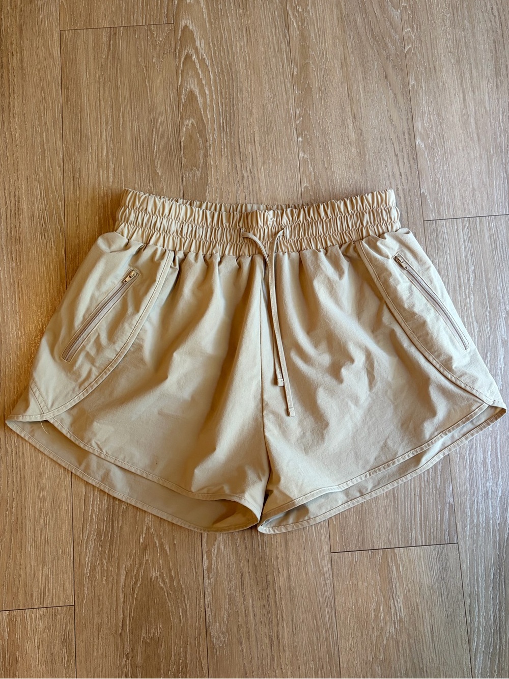 Drawstring Beige Active Shorts w/ Built-In Underwear Lining